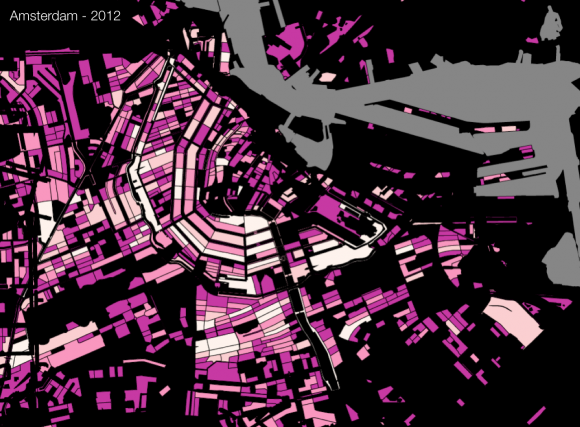 Map of AirBnb listings per block in Amsterdam. More listings = brighter color. (source: TravelNext, 2012)