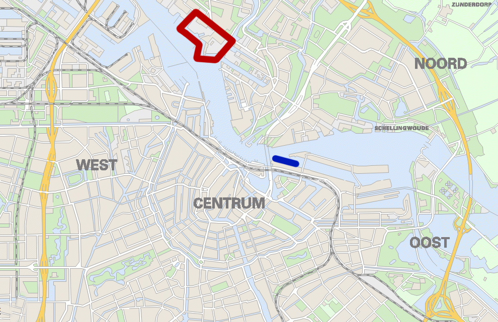 Location Second cruise terminal (red) compared to current Passenger Terminal Amsterdam (blue)