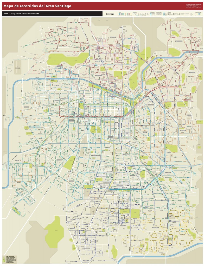 Source DTPM [Metropolitan public transport directory] 2015): The present state of the Transantiago network, a complex system which integrates different operational and technological resources. Its apparent complexity is observable from this macro view, but little is known about the actual experiences of users in less benefited or socially vulnerable areas. Some of the places I observed were located in La Granja, Cerrillos, Conchalí and Peñalolén – all districts located in the peripheral ring of Santiago.