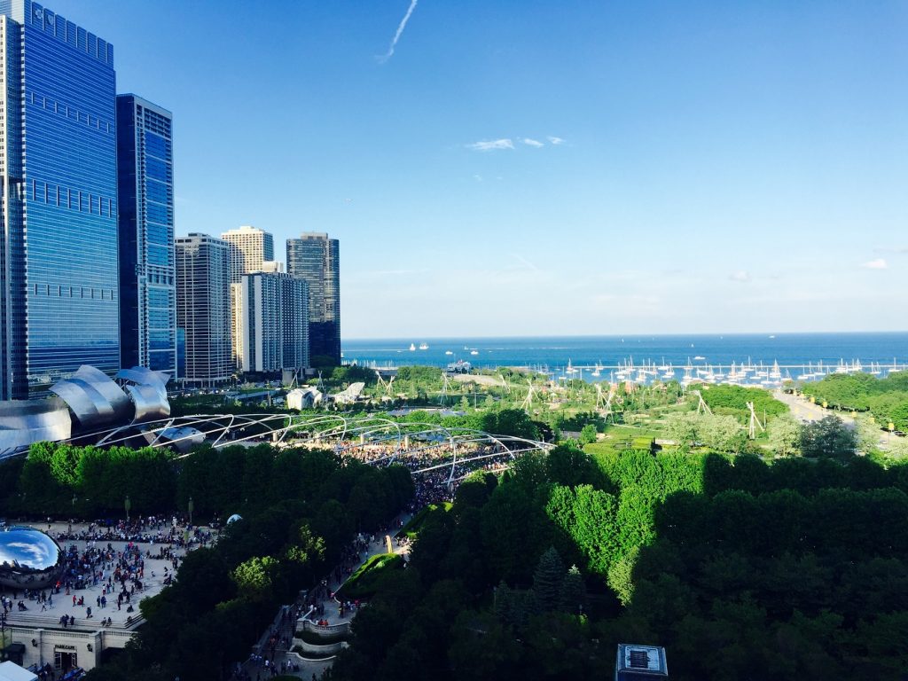 Overlooking Millennium Park from a Michigan Avenue rooftop. The Bean and Jay Pritzker Pavilion can be seen on the left, with Lake Michigan in the background. (Photo: Edward Carmody)