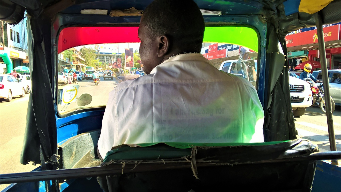 Taking a designated Tuk Tuk after a drink in the city of Kisumu (picture by author)